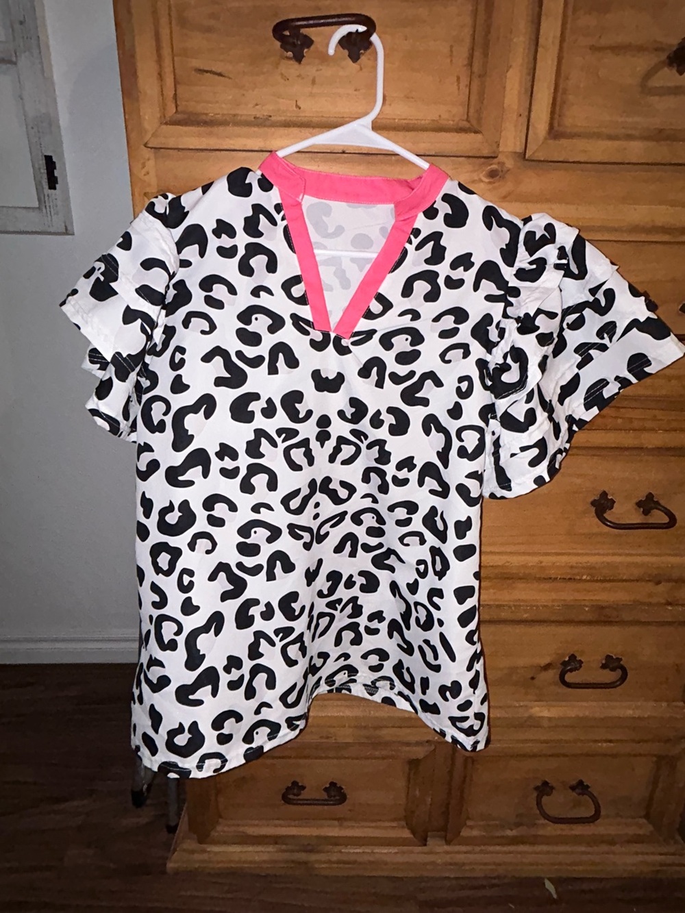 SHEIN Black & White Leopard Print Ruffle Sleeve Top with Pink Trim